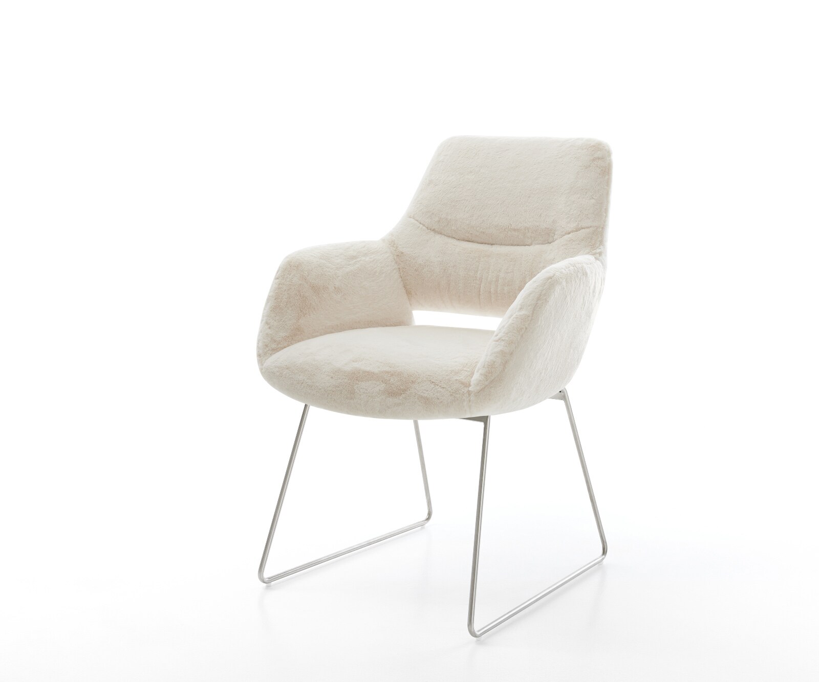 Chaise-de-salle-à-manger Yago-Flex avec accoudoirs peluche crème-blanc pied trapèze acier inoxydable resorts ensachés