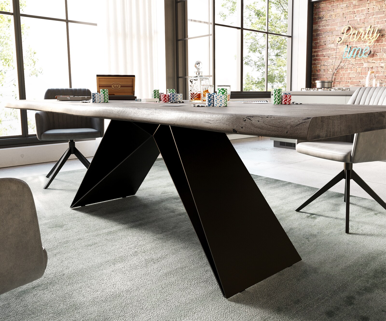 Esstisch Edge 260x100 XL Akazie Platin V-Gestell Flachstahl Schwarz Live-Edge 4