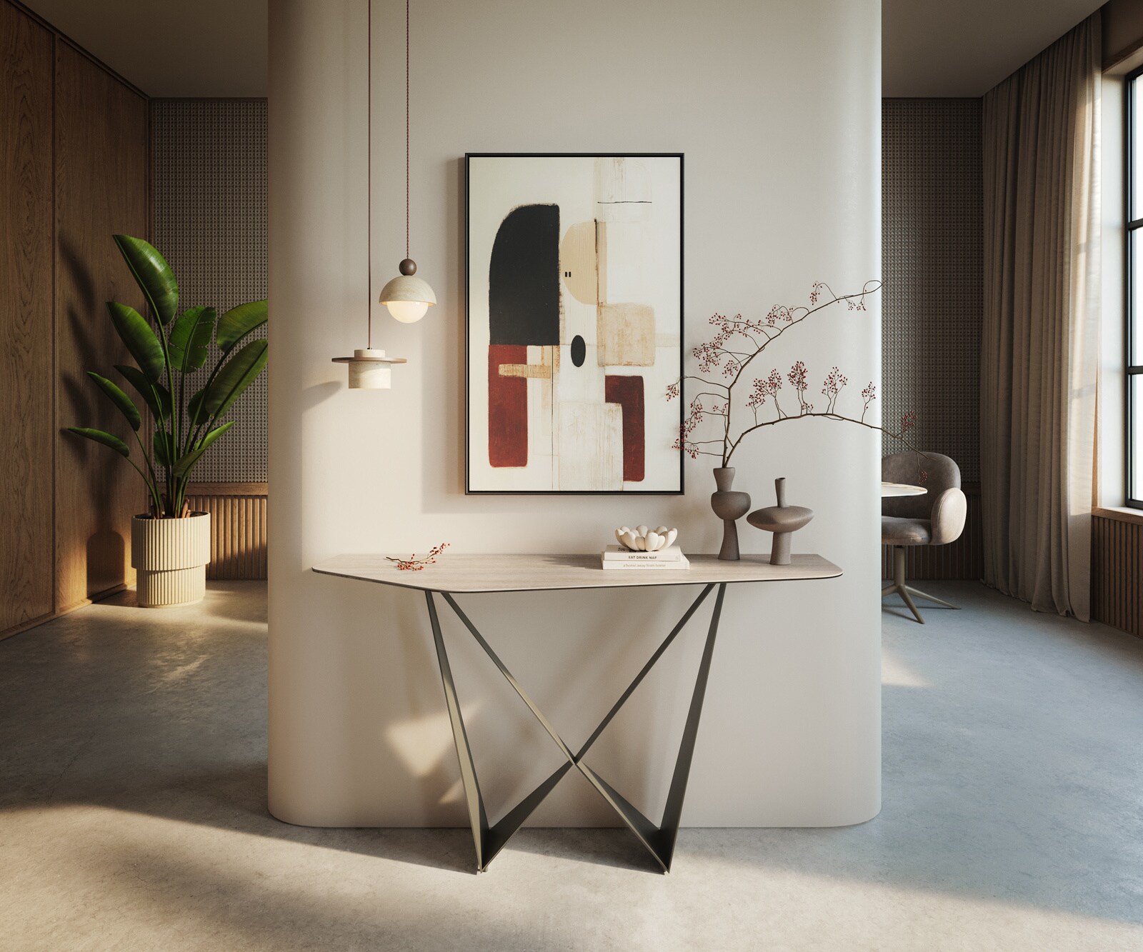 Konsolentisch Edge Polygonal 140x50 cm Keramik Laminam® Travertino Bianco Creme-Weiß Spios Metall Effektfinish Titan 4