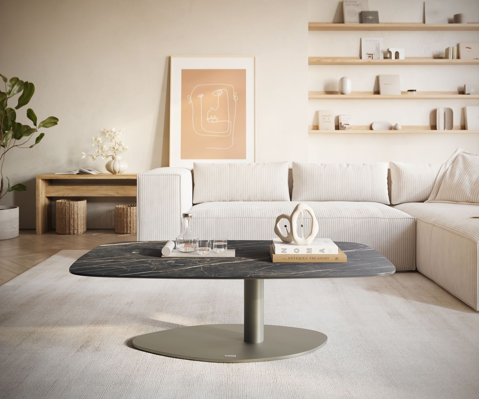 Couchtisch Edge Boot 120x70 cm Keramik Laminam® Noir Desir Braun Vibany Metall Effektfinish Titan 1