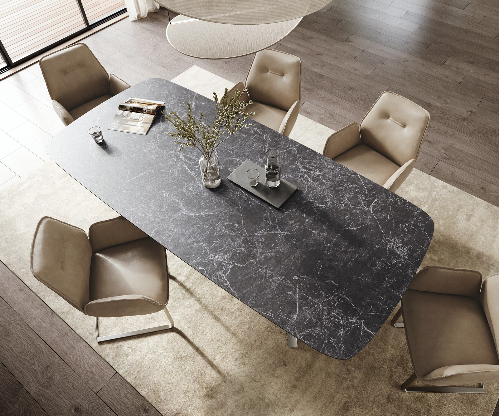 Esstisch Edge Boot 260x120 cm Keramik Laminam® Nero Greco Anthrazit Zenthara kantig Edelstahl 3