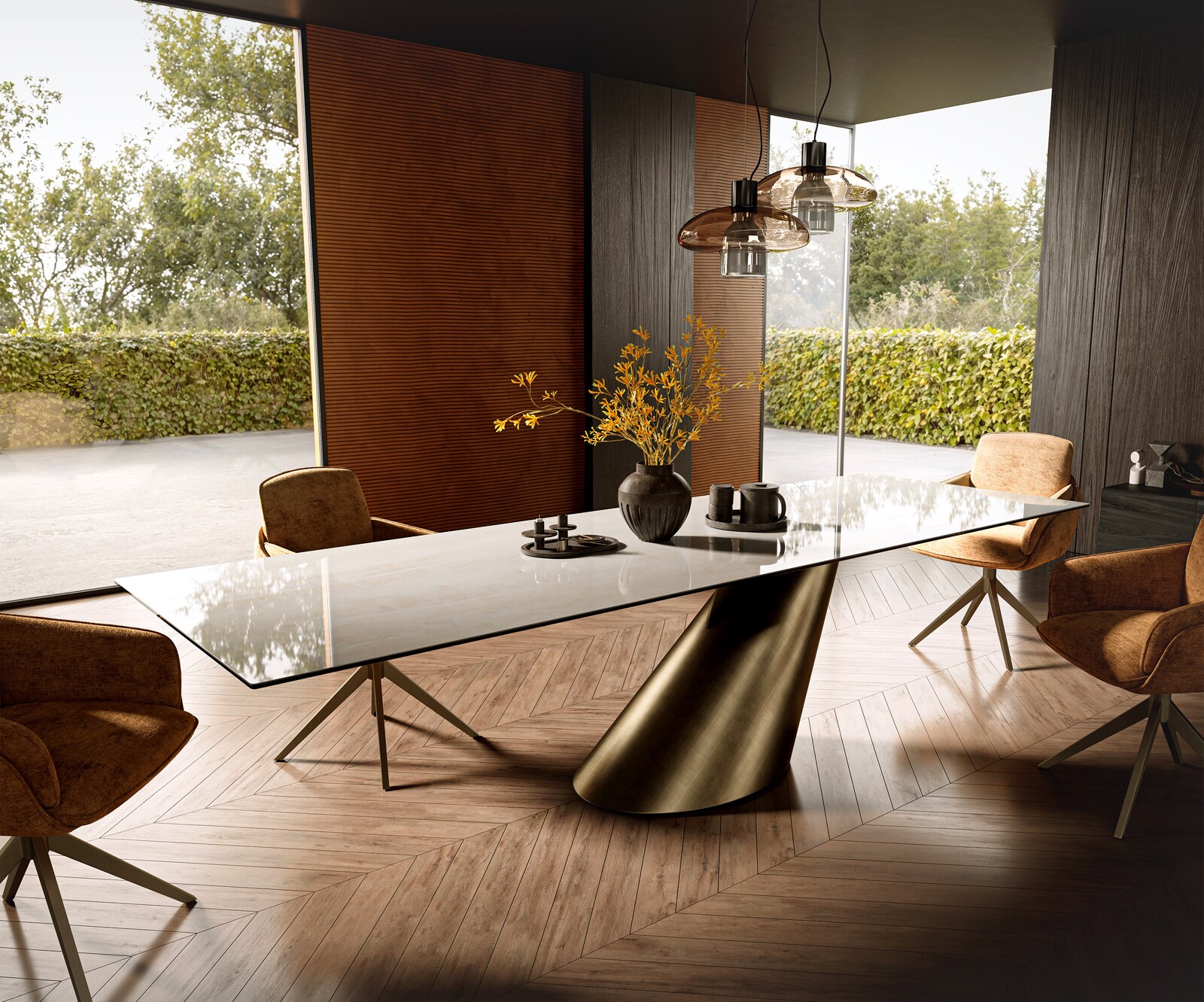 Esstisch Edge 300x100 cm Keramik Onyx Champagne Cono Metallic Gold