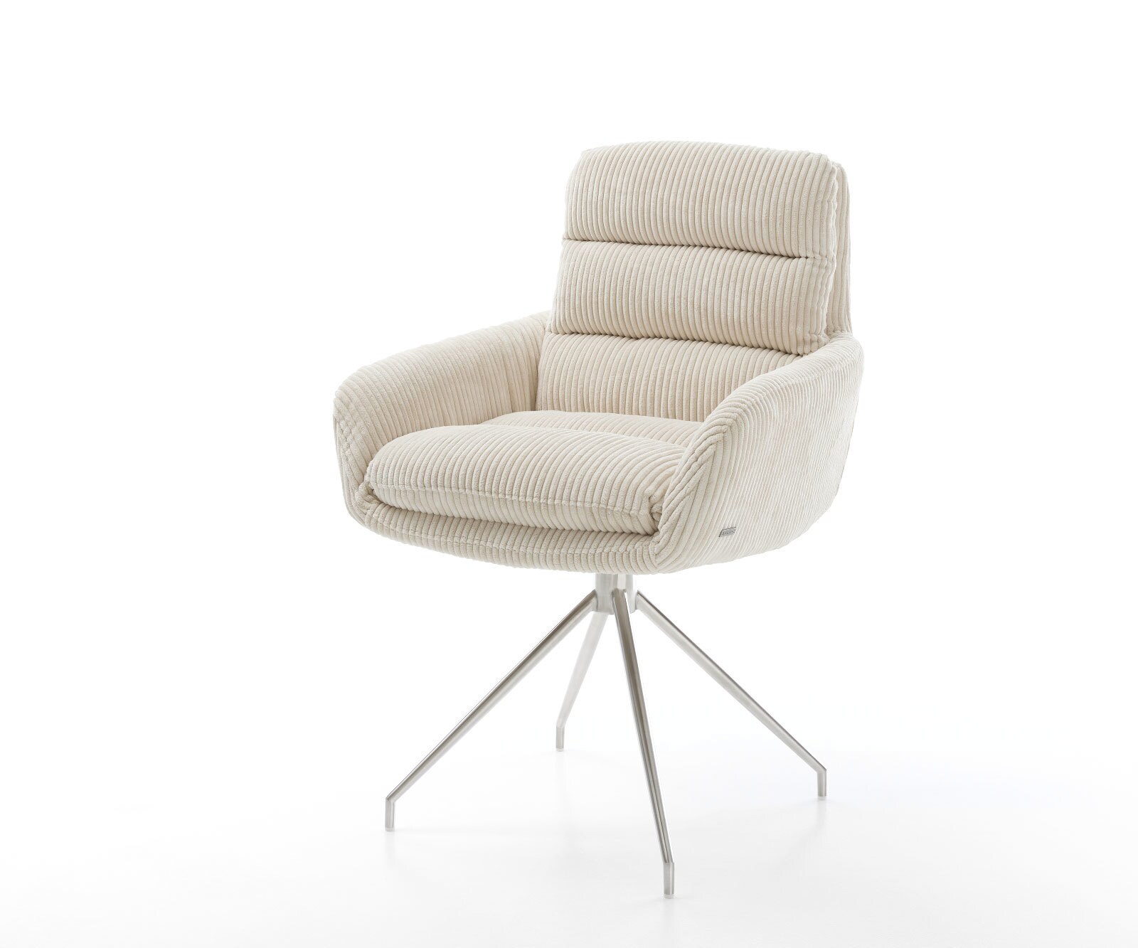 Drehstuhl Abelia-Flex mit Armlehnen Cord Beige Kreuzgestell konisch Edelstahl 180° drehbar
