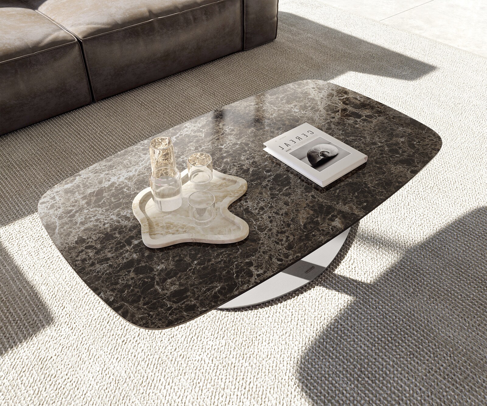 Table basse Edge bateau 120x70 cm céramique Emperador Extra Lucidato brun foncé Vibany acier inoxydable brossé 3