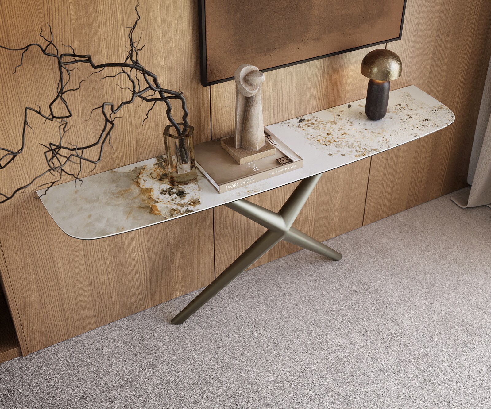 Konsolentisch Edge Boot 180x40 cm Keramik Minas Melange Weiß-Beige Estelo Metall Effektfinish Titan 2
