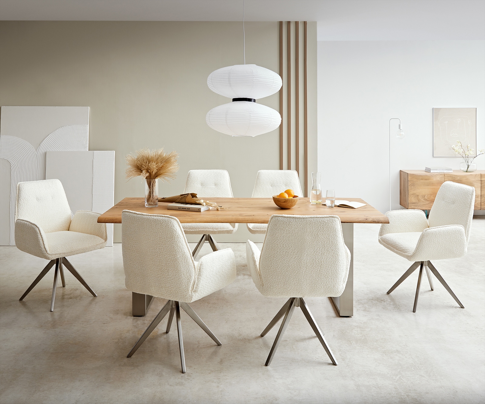 Esszimmerstuhl Zoa-Flex Bouclé Weiß Kreuzgestell kantig Edelstahl Taschenfederkern 3 Esszimmerstuhl Zoa-Flex Bouclé Weiß Kreuzgestell kantig Edelstahl Taschenfederkern 3