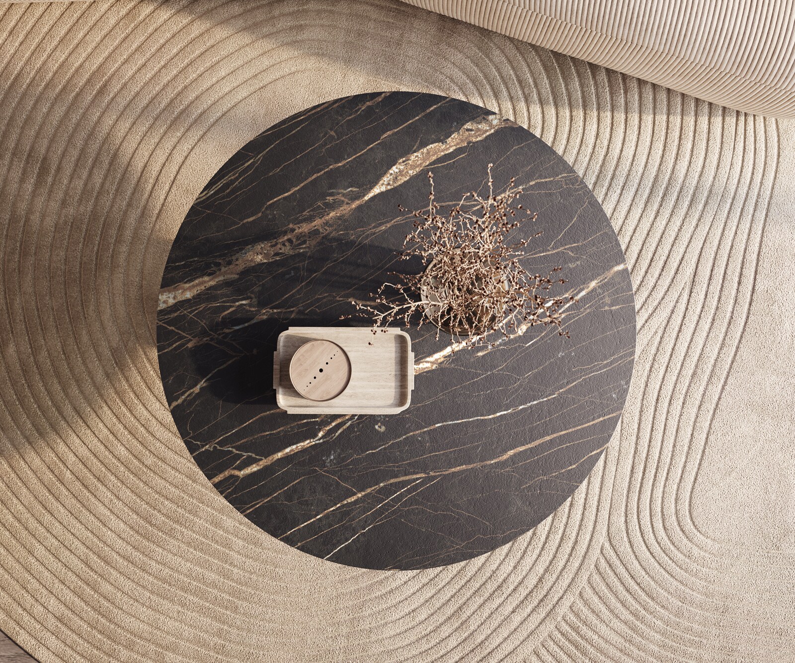 Table basse Edge rond 100x100 cm céramique Laminam® Noir Desir brun Conis métal noir 1