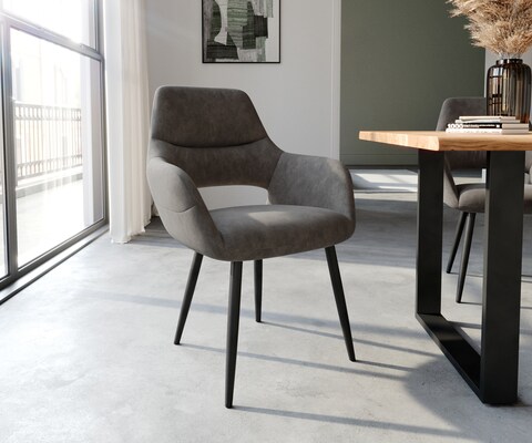 Chaise-de-salle-à-manger Yago-Flex avec accoudoirs microvelours anthracite vintage 4 pieds coniques noir ressorts ensachés