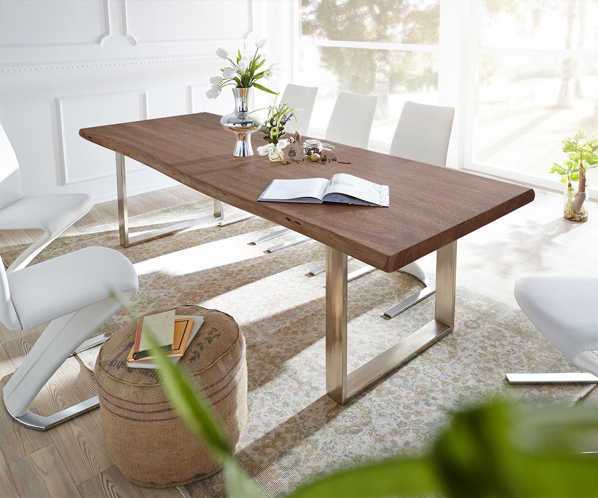 Table-à-manger Edge 300x100 XL acacia marron acier inoxydable mince Live-Edge 1