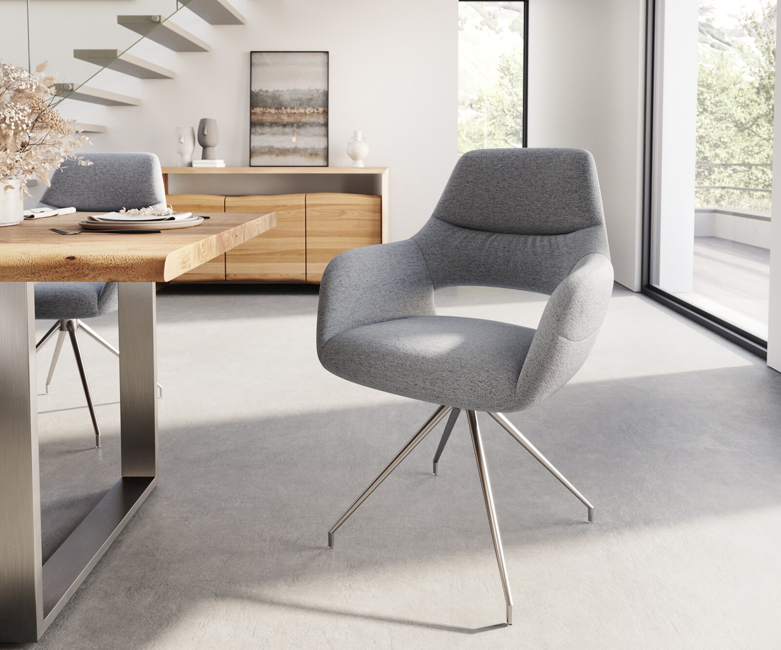 Chaise-pivotante Yago-Flex avec accoudoirs tissu texturé gris clair cadre croisé conique acier inoxydable pivote sur 180°
