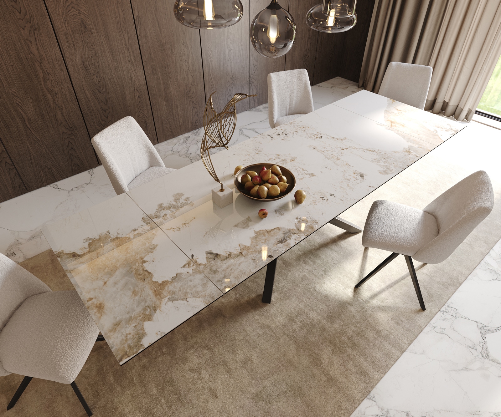 Esstisch Edge 200-300x100 Keramik Minas Melange Weiß-Beige Kreuzgestell Rechteck Schwarz ausziehbar 6