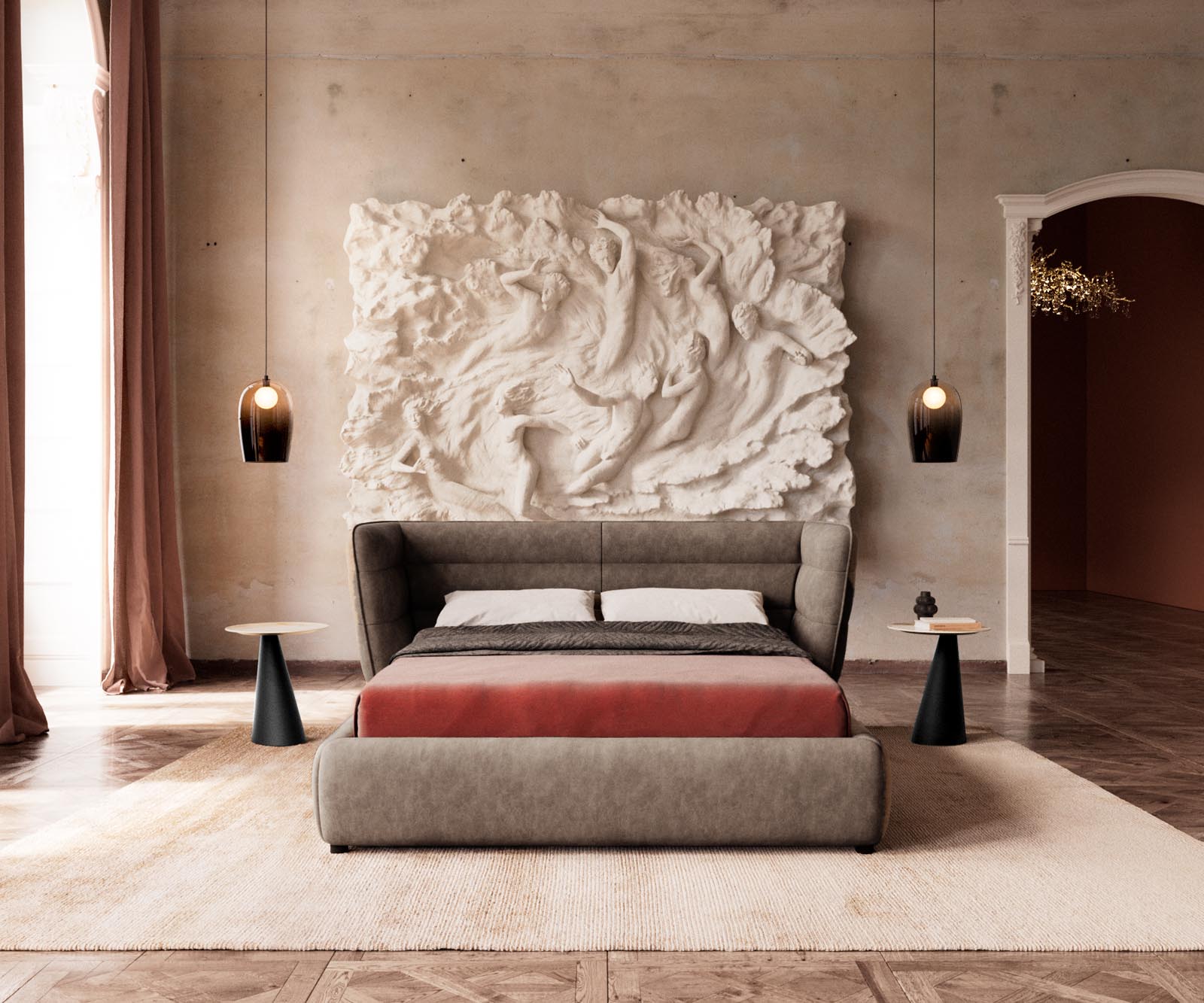 Sommier rembourré Simea 140x200 cm microfibre taupe vintage 1