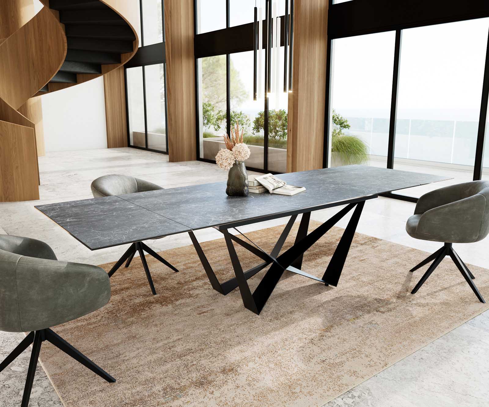 Esstisch Edge 200-300x100 Keramik Laminam®Nero Greco Anthrazit Spider Flachstahl Schwarz ausziehbar 4 Esstisch Edge 200-300x100 Keramik Laminam®Nero Greco Anthrazit Spider Flachstahl Schwarz ausziehbar 4