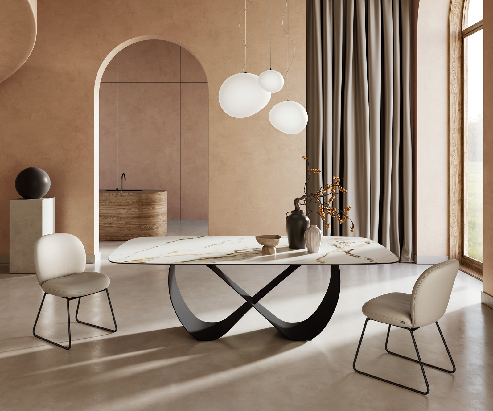 Esstisch Edge Boot 240x120cm Keramik Calacatta Luxe Weiß-Gold-Grau Infinity Metall Schwarz Esstisch Edge Boot 240x120cm Keramik Calacatta Luxe Weiß-Gold-Grau Infinity Metall Schwarz