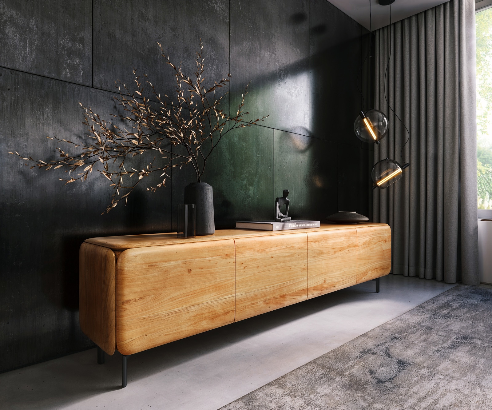 Lowboard Shavani 220 cm Akazie Natur 4 Türen Fuß Oval Metall Schwarz Lowboard Shavani 220 cm Akazie Natur 4 Türen Fuß Oval Metall Schwarz