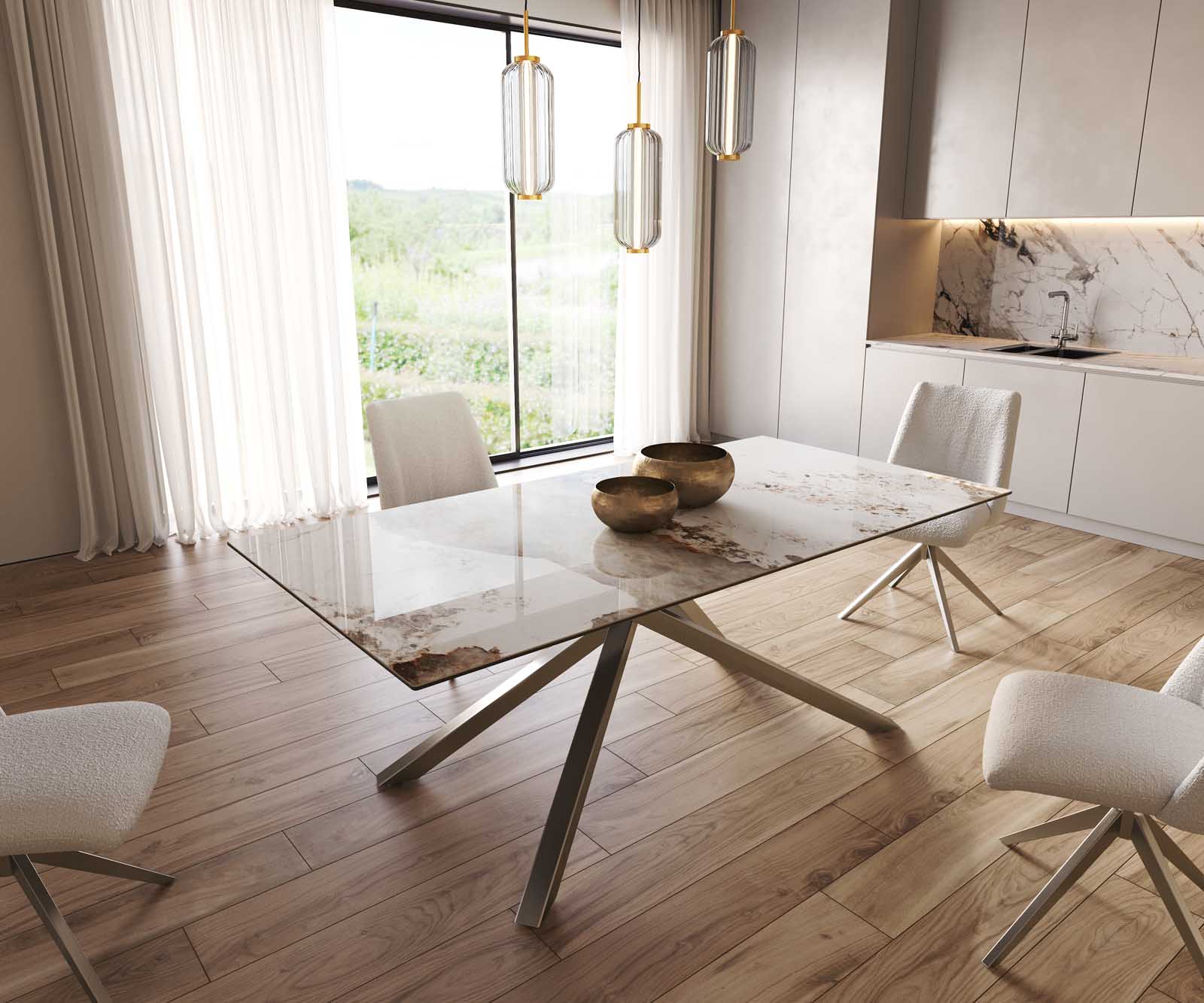 Esszimmertisch Edge Keramik Minas Melange Weiß-Beige 200x100 Kreuzgestell Rechteck Edelstahl