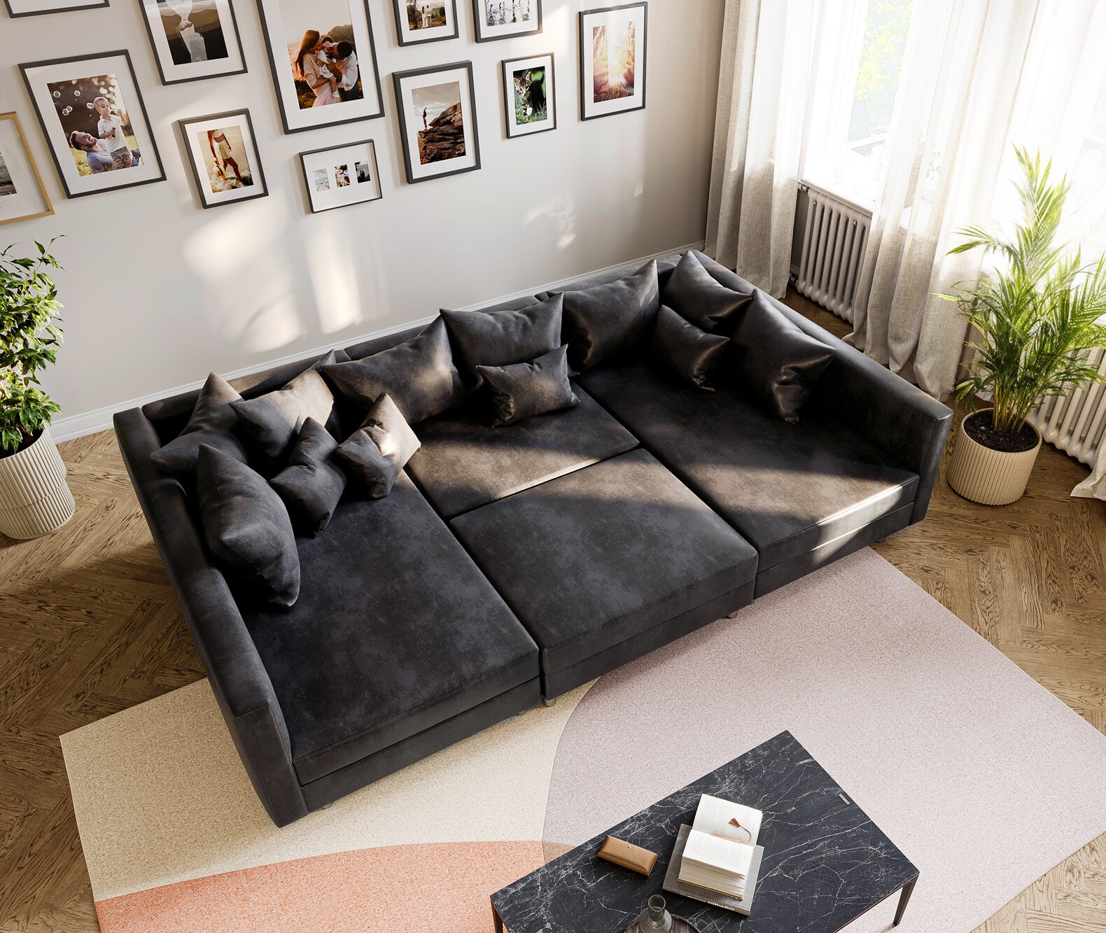 Canapé-panoramique Clovis Anthracite look Antique Modulable avec Tabouret 4