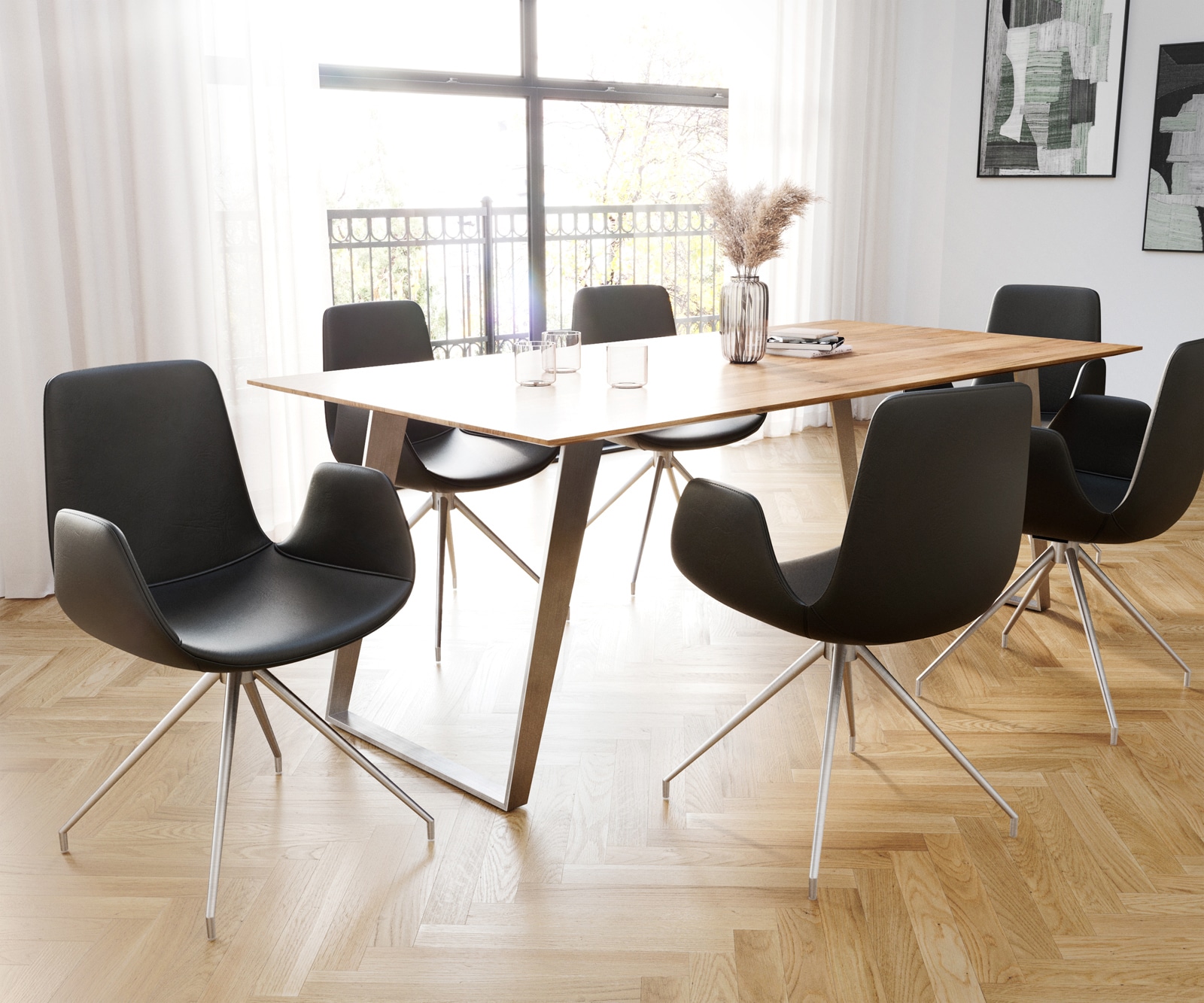 Esszimmerstuhl Ilia-Flex mit Armlehnen Echt-Leder Schwarz Kreuzgestell konisch Edelstahl 3 Esszimmerstuhl Ilia-Flex mit Armlehnen Echt-Leder Schwarz Kreuzgestell konisch Edelstahl 3