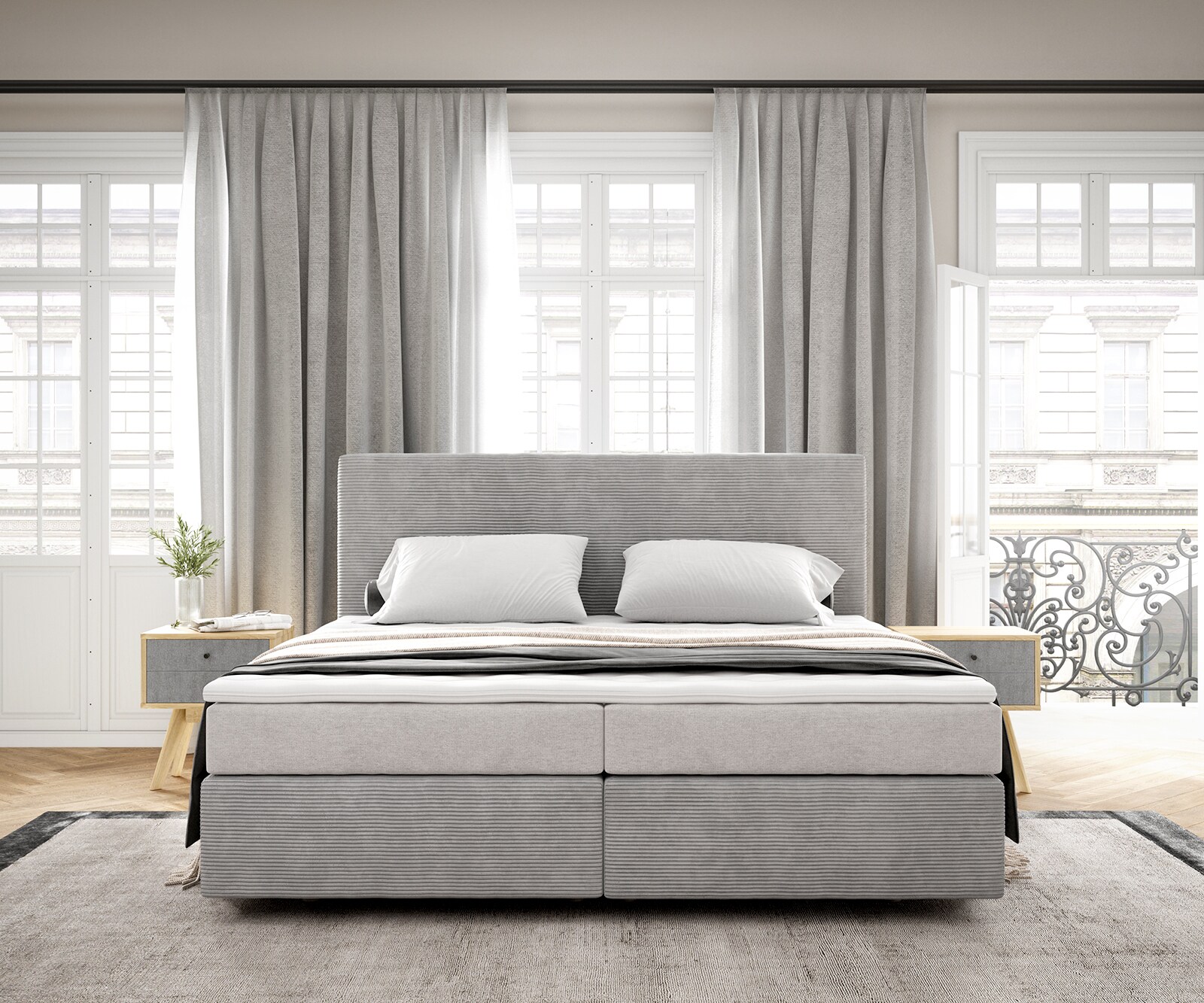 Lit-à-sommier-tapissier Dream-Well 180x200 cm velours côtelé gris argenté avec matelas à ressorts ensachés et surmatelas viscoélastique 1