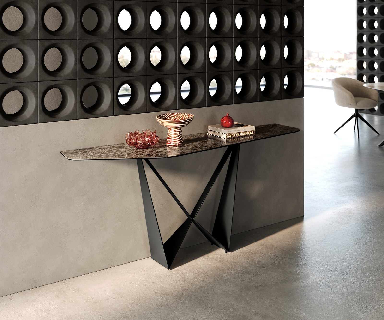 Console Edge Polygonal 180x50 cm Céramique Emperador Extra Lucidato Dunkelbraun Spios Métal Noir 3