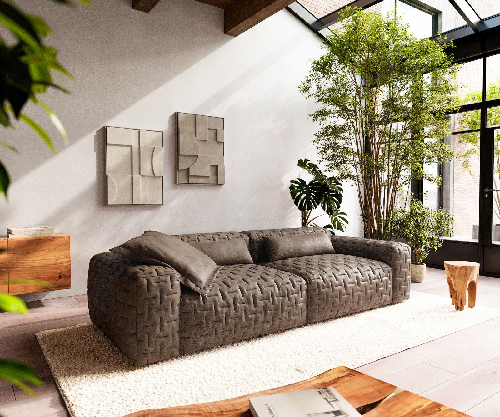 Bigsofa Freestyle 280x110 cm Tissu microfibre Taupe Vintage matelassé