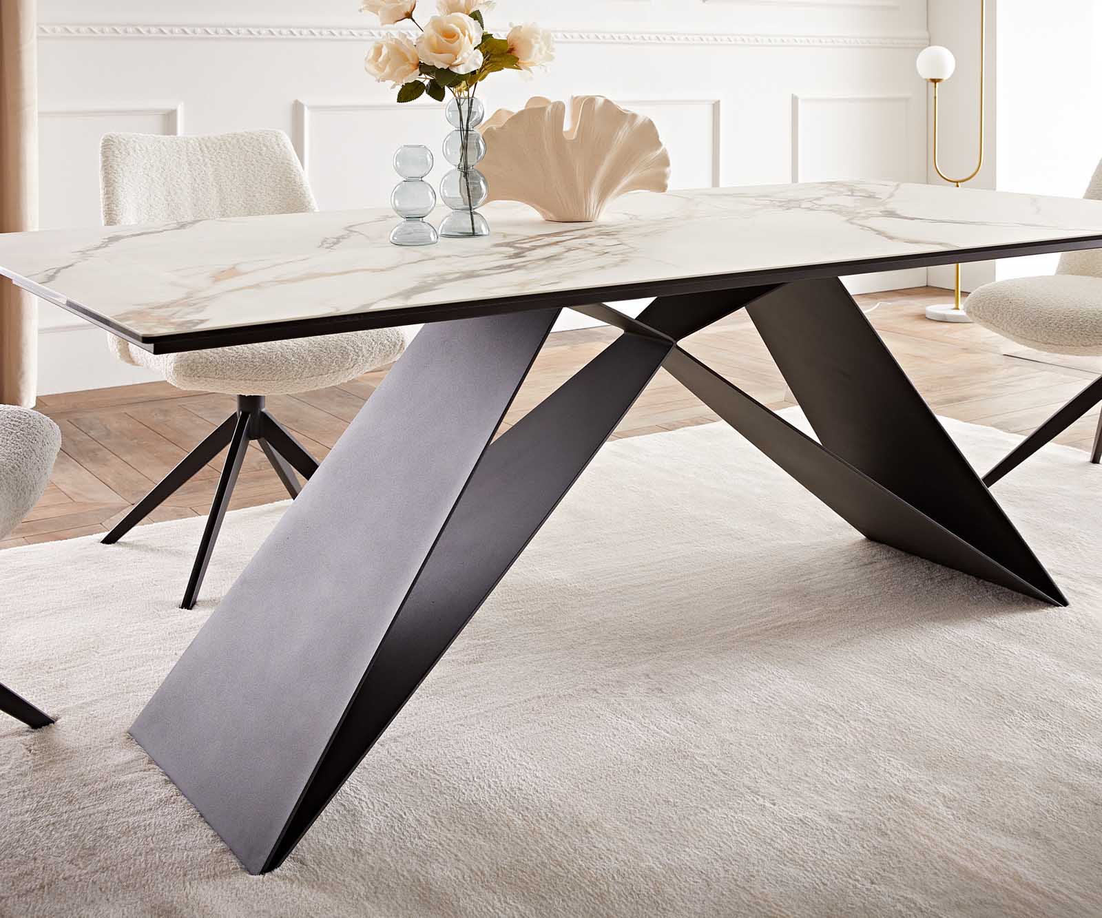Esstisch Edge 200x100 Keramik Calacatta Luxe Weiß-Gold-Grau V-Gestell Flachstahl Schwarz 6