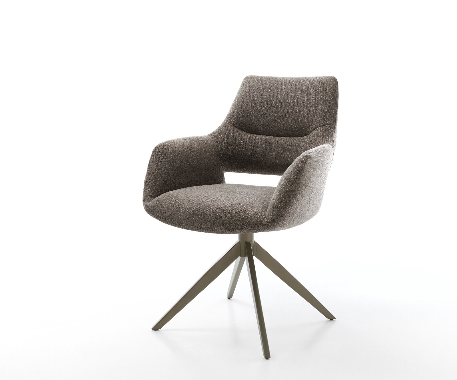 Chaise-pivotante Yago-Flex avec accoudoirs tissu structuré doux taupe pied croisé large aspect titane pivotement sur 360° fonction bascule ressorts ensachés