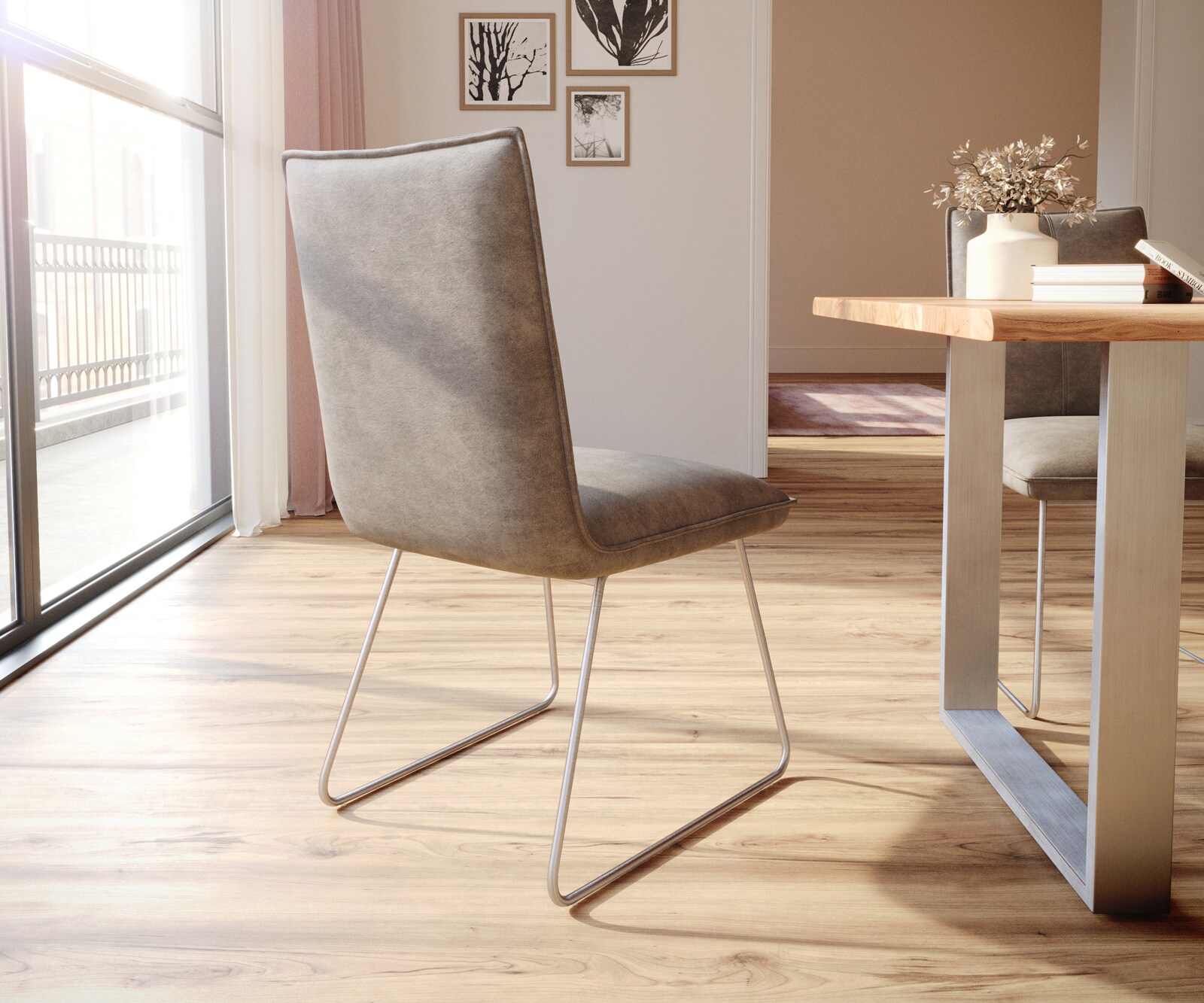 Chaise-de-salle-à-manger Lelio-Flex microvelours taupe vintage pied trapèze acier inoxydable brossé ressorts ensachés 4