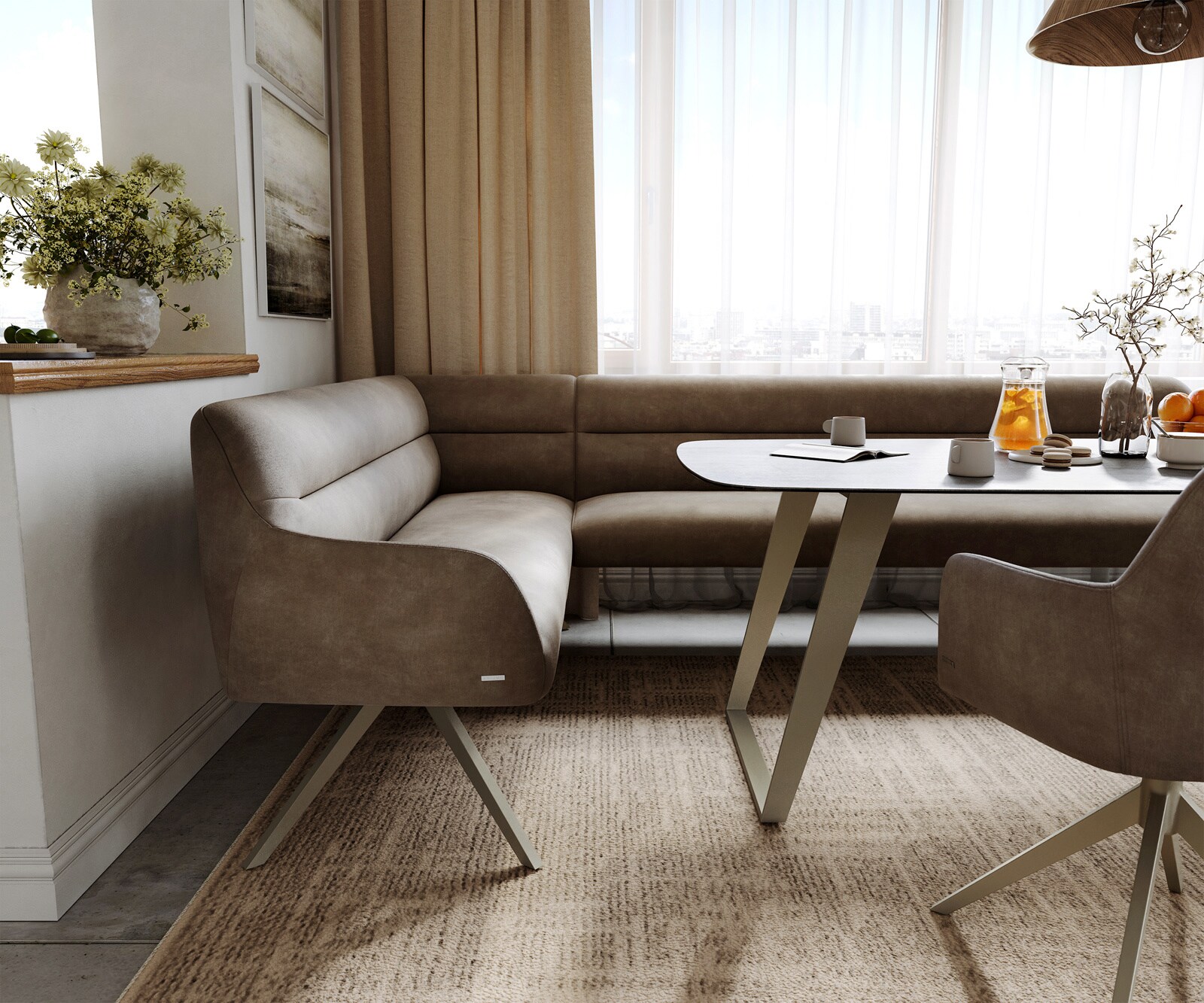 Banc-de-salle-à-manger Taya-Flex 285x190 cm microfibre taupe vintage pied croisé angulaire titane ressort ensaché à droite 5