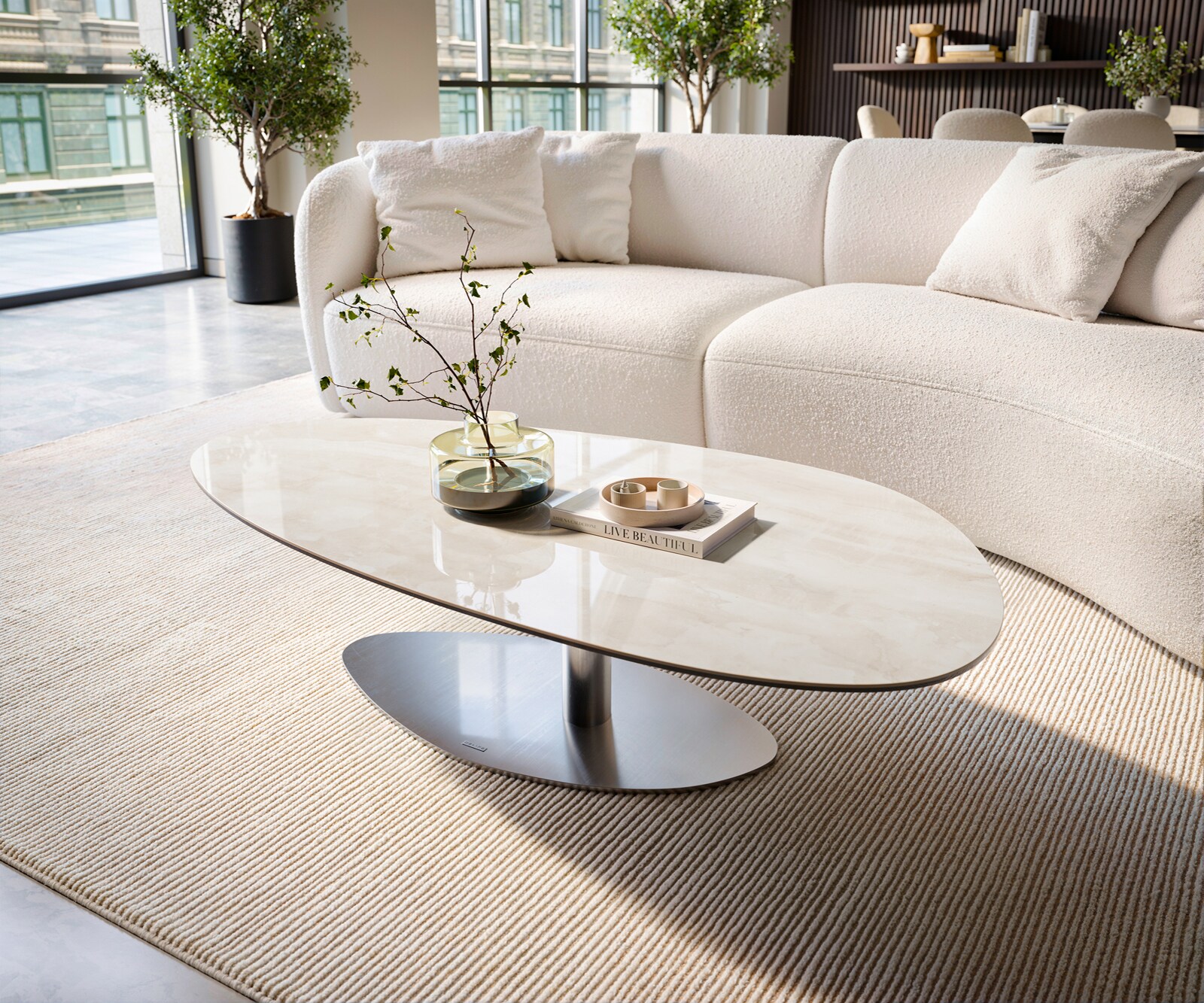 Table basse Edge ovale 140x75 cm céramique Onyx Champagne Vibany acier inoxydable brossé 3