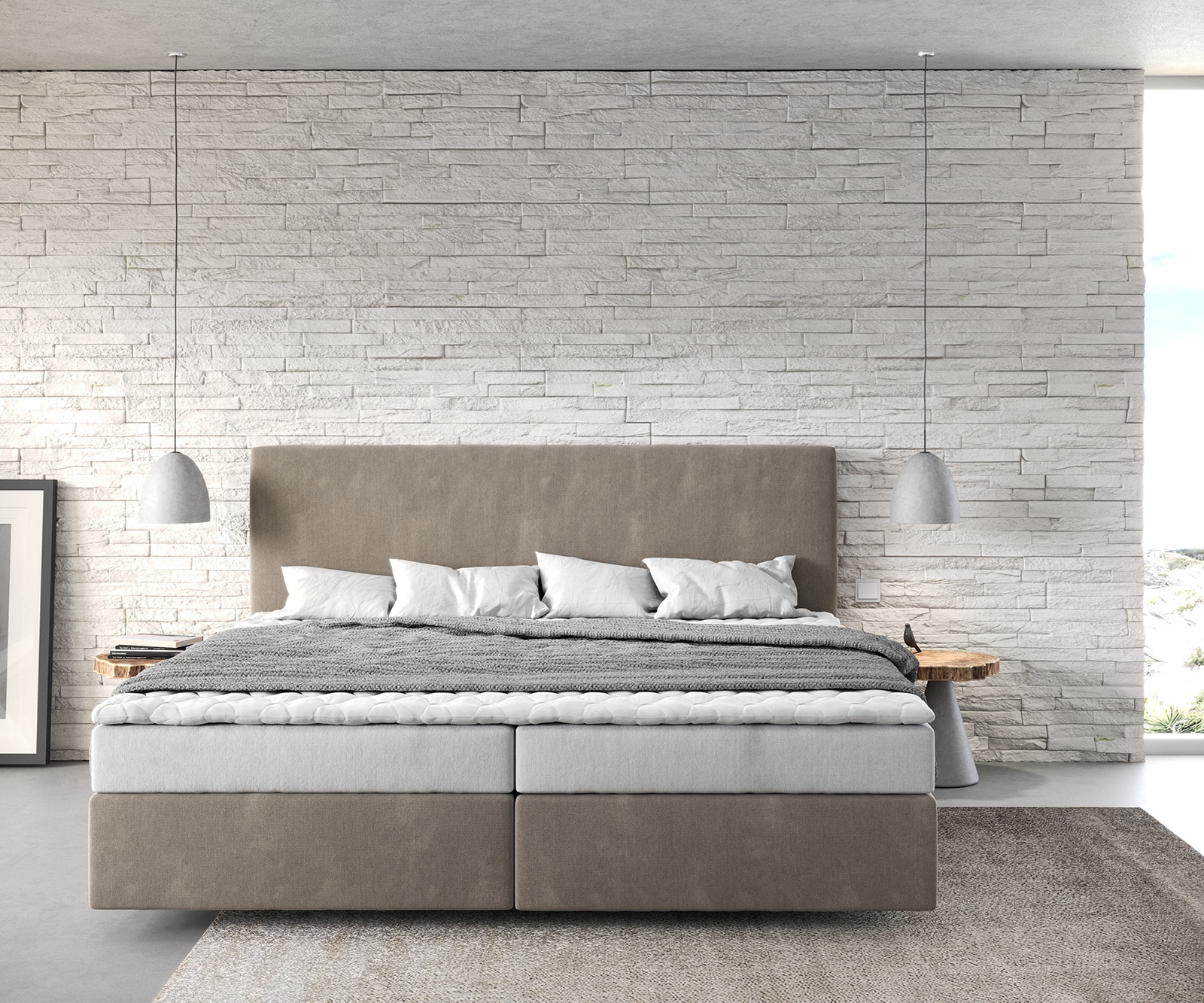 Boxspringbett Dream-Well Mikrofaser Beige 200x200 cm Bonell-Matratze PU-Topper 1 Boxspringbett Dream-Well Mikrofaser Beige 200x200 cm Bonell-Matratze PU-Topper 1