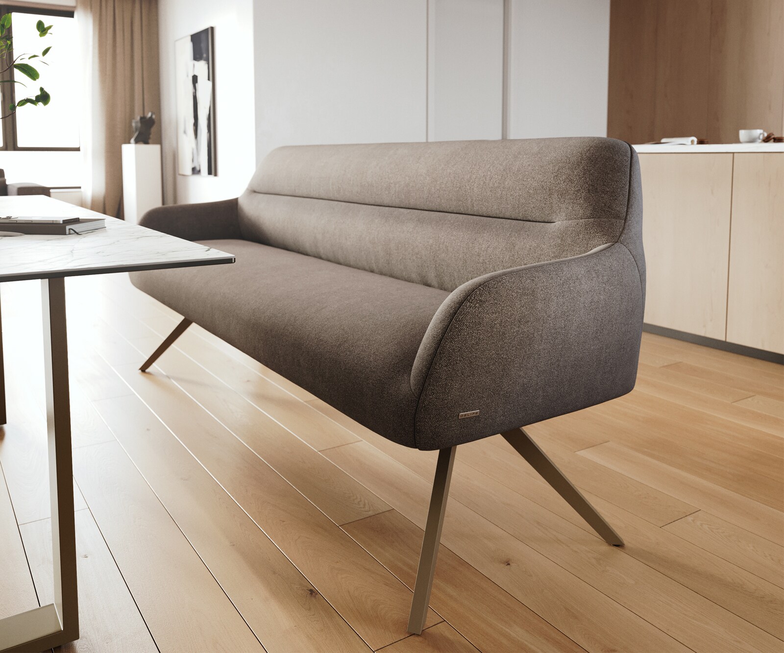 Banc-de-salle-à-manger Taya-Flex 200 cm tissu structuré doux taupe pied croisé angulaire titane ressort ensaché 5