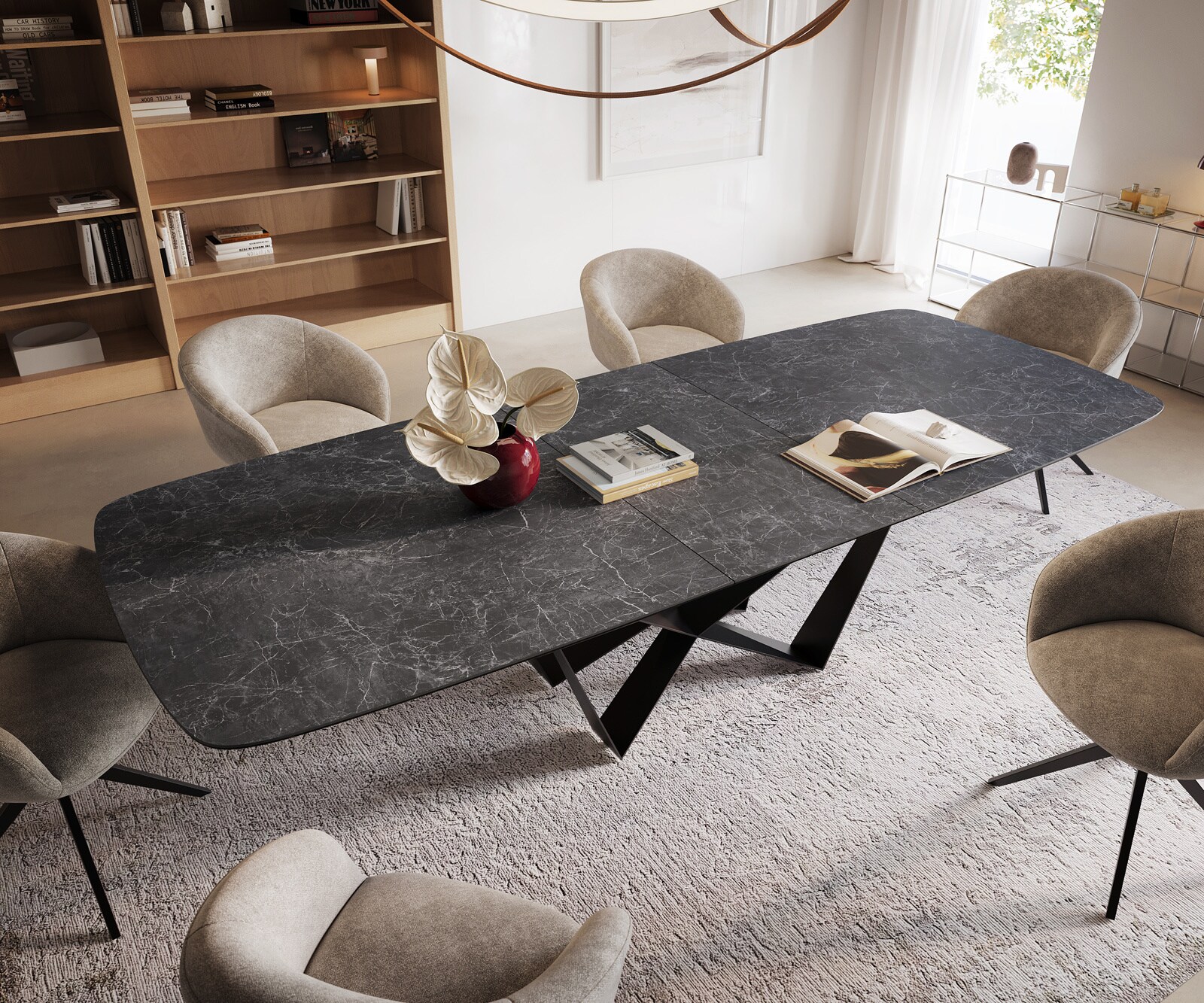 Esstisch Edge Boot 240-300x120 cm Keramik Laminam® Nero Greco Anthrazit Spider Flachstahl Schwarz ausziehbar 3