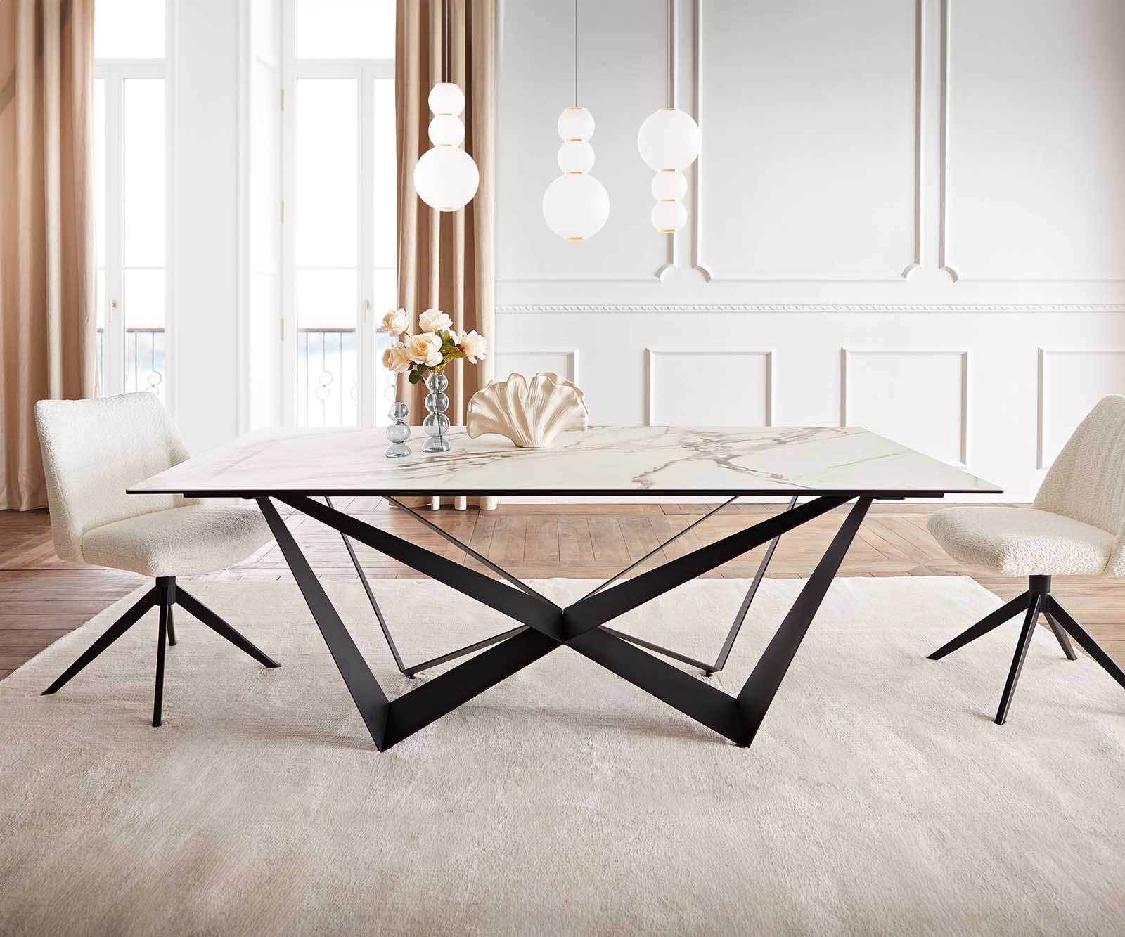 Table à manger Edge 200x100 céramique Calacatta Luxe blanc-doré-gris Spider acier plat noir 1 Table à manger Edge 200x100 céramique Calacatta Luxe blanc-doré-gris Spider acier plat noir 1