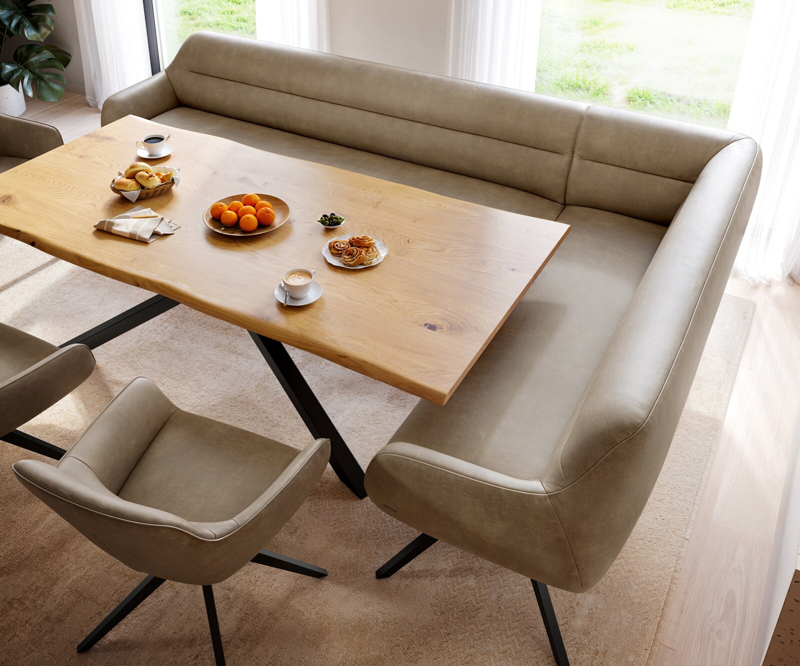 Esszimmerbank Taya-Flex 285x190 cm Mikrofaser Beige Vintage Kreuzgestell kantig Schwarz Taschenfederkern Links 3