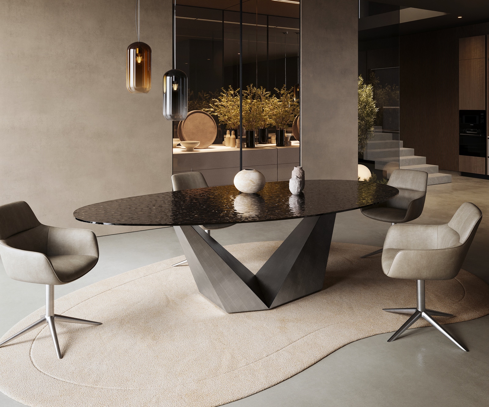 Esstisch Edge Oval 280x130 Reliefglas Rauchschwarz 3D-Design Prisma Metallic Silber 4 Esstisch Edge Oval 280x130 Reliefglas Rauchschwarz 3D-Design Prisma Metallic Silber 4