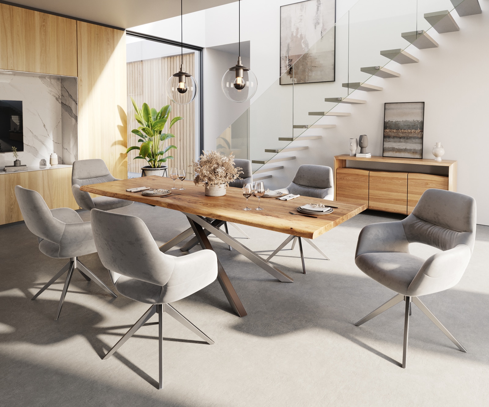 Esszimmerstuhl Yago-Flex mit Armlehnen Samt Grau Kreuzgestell breit Edelstahl Taschenfederkern 4 Esszimmerstuhl Yago-Flex mit Armlehnen Samt Grau Kreuzgestell breit Edelstahl Taschenfederkern 4