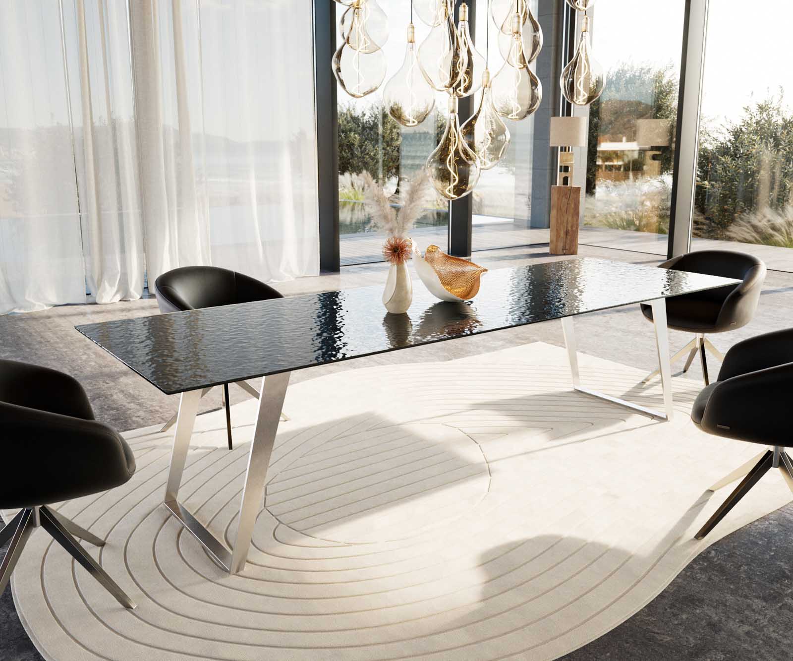 Esstisch Edge 300x100 Reliefglas Rauchschwarz 3D-Design Edelstahl Schräg Esstisch Edge 300x100 Reliefglas Rauchschwarz 3D-Design Edelstahl Schräg