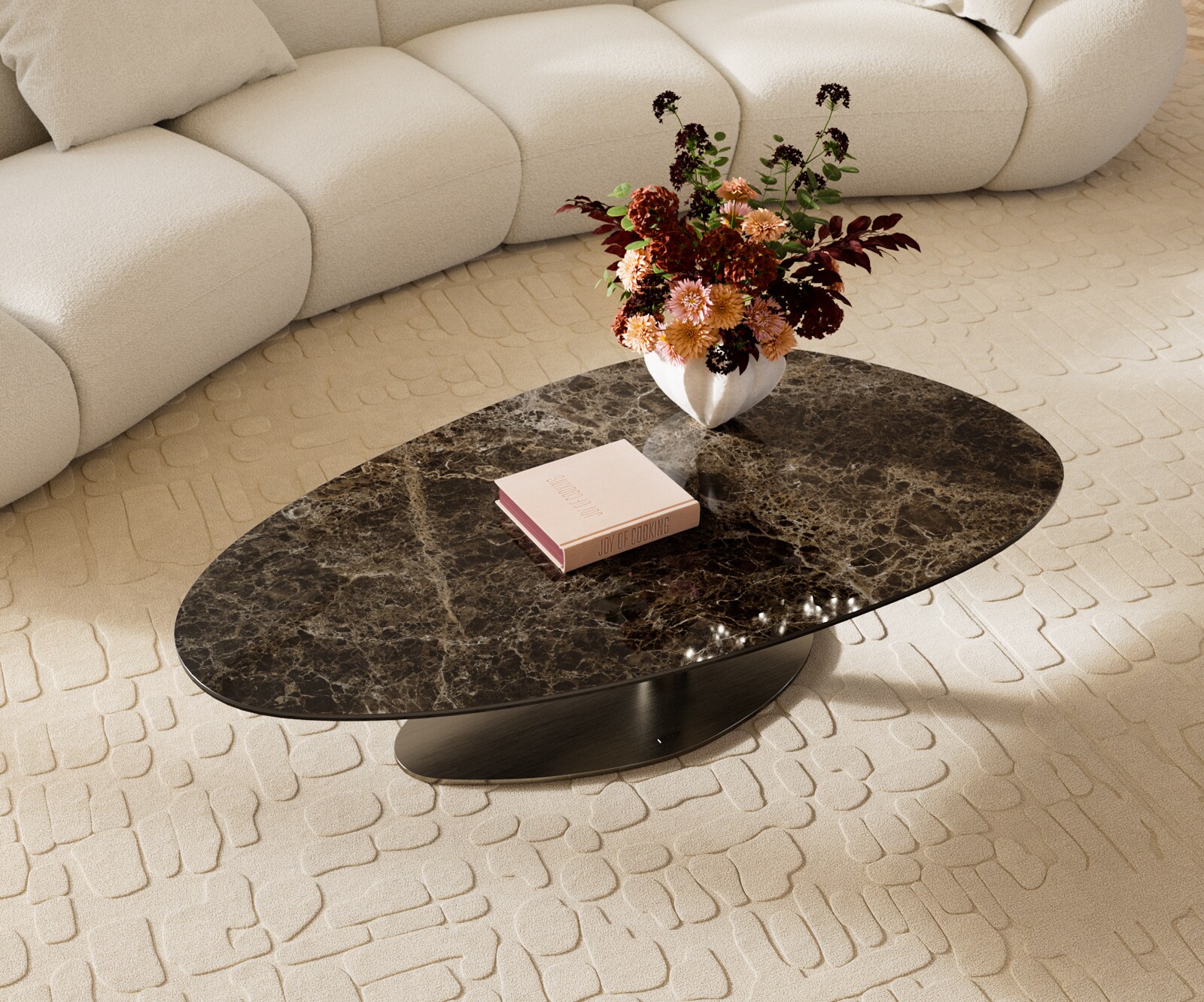 Table basse Edge Oval 140x75 cm céramique Laminam® Emperador Extra Lucidato brun foncé Vibany acier inoxydable brossé 3