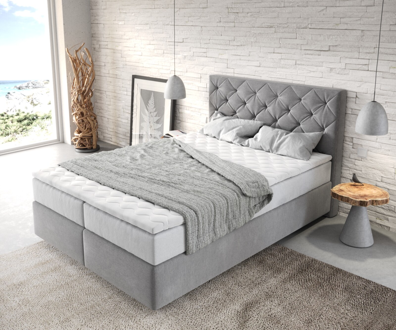 Boxspringbett Dream-Great 140x200 cm Mikrofaser Grau mit TFK Matratze und Visco Topper 3
