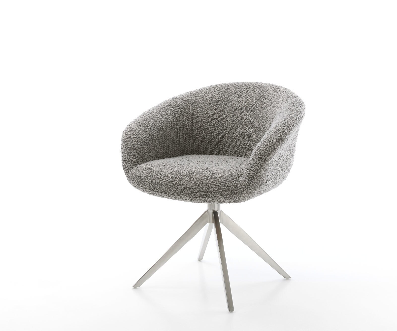 Chaise-pivotante Vinka-Flex avec accoudoirs bouclé gris argenté pied croisé large acier inoxydable brossé pivotement sur 360° ressorts ensachés