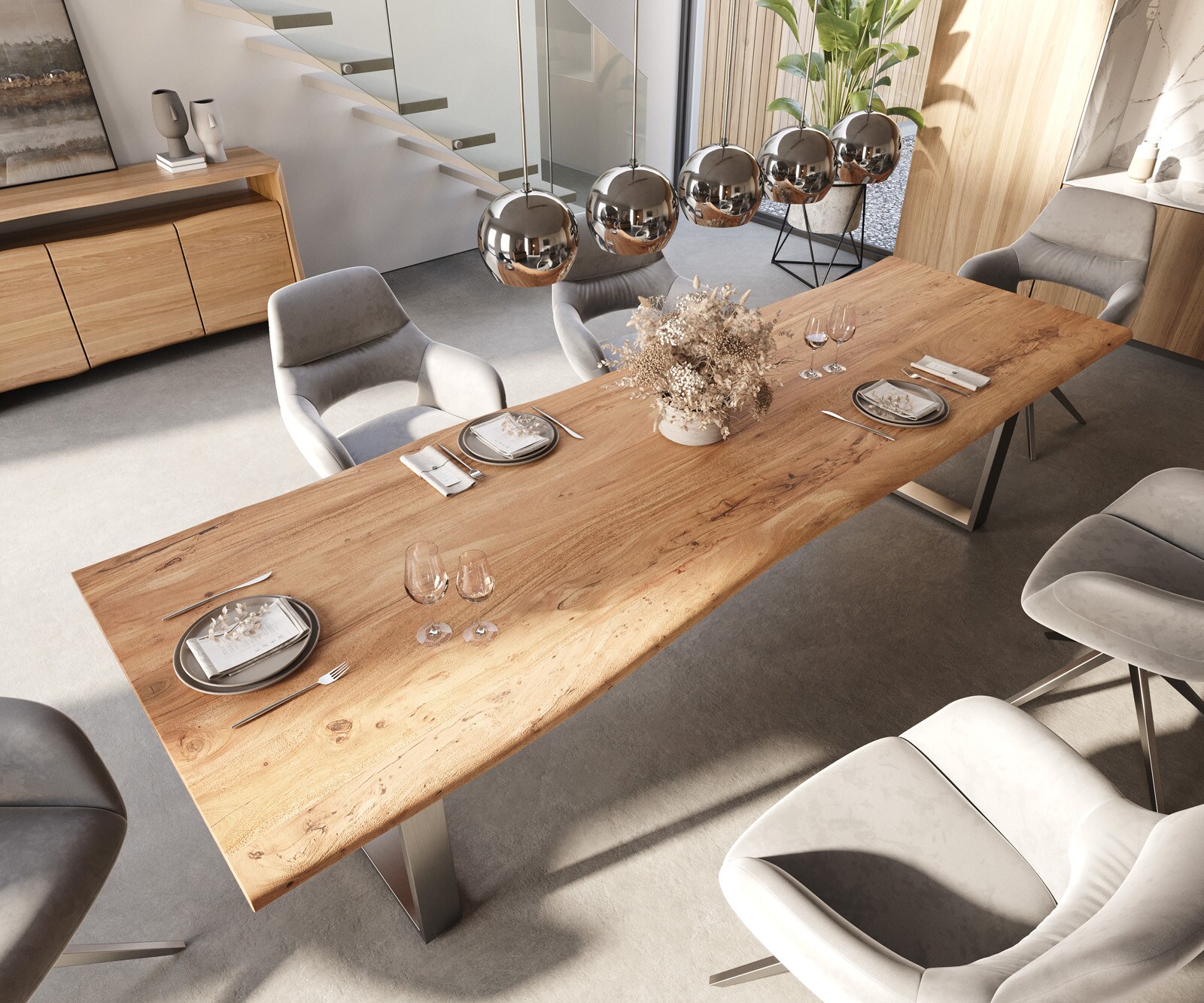 Esstisch Edge 300x100 Akazie Natur Edelstahl Schmal Live-Edge 5