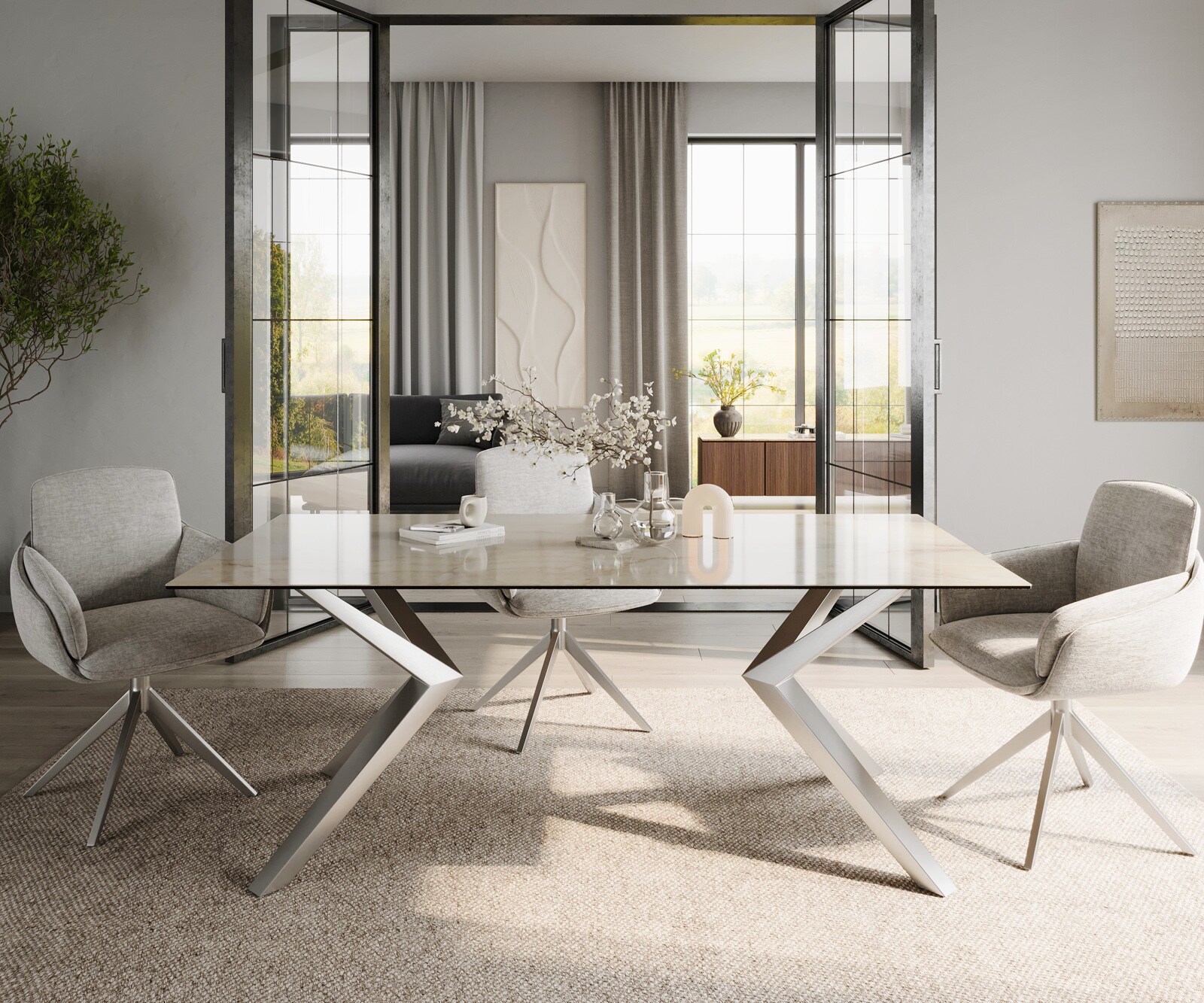 Esstisch Edge 200x100 Keramik Laminam® Onice Oro ​Zenthara kantig Edelstahl