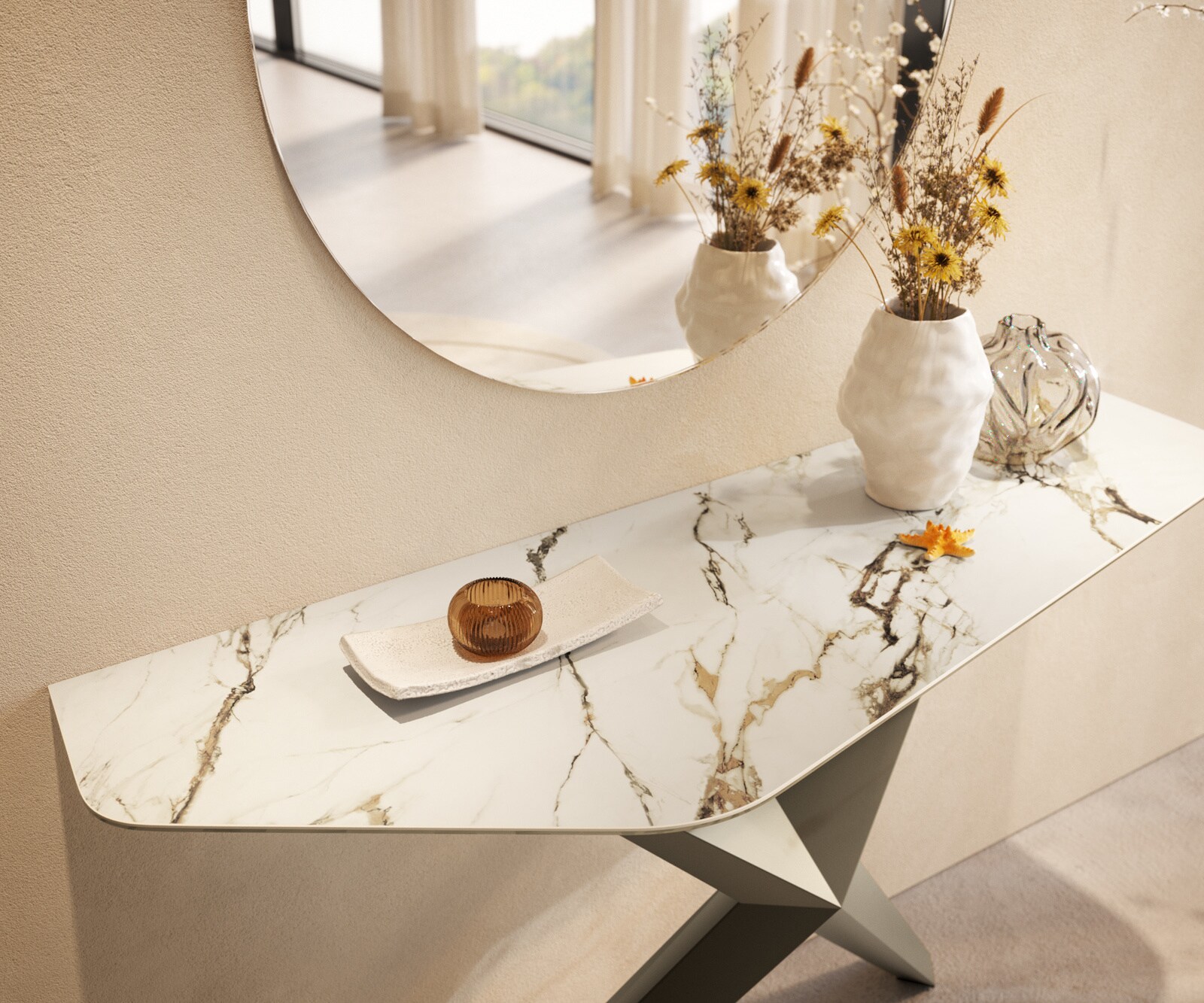 Console Edge Polygonal 140x50 cm Céramique Calacatta Luxe Weiß-Gold-Gris Zentharo Métal Effektfinish Titan 6