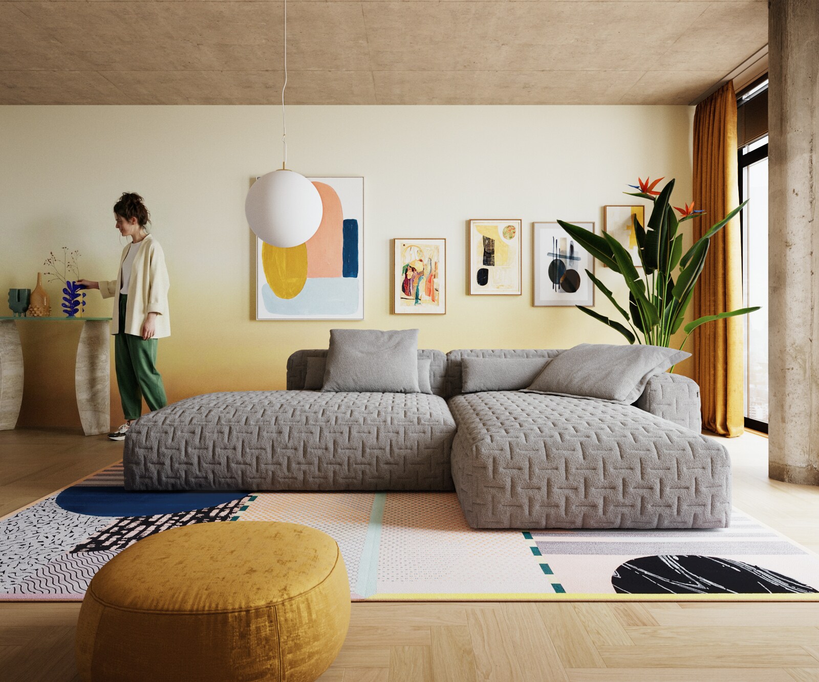 Ecksofa Freestyle 310x200 cm Strukturstoff Soft Grau Gesteppt 1