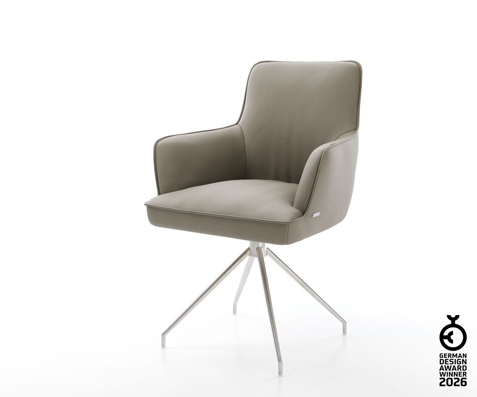 Chaise-pivotante Heira-Flex avec accoudoirs cuir de vache couleur boue pied croisé conique acier inoxydable brossé pivotement sur 180° ressorts ensachés 1