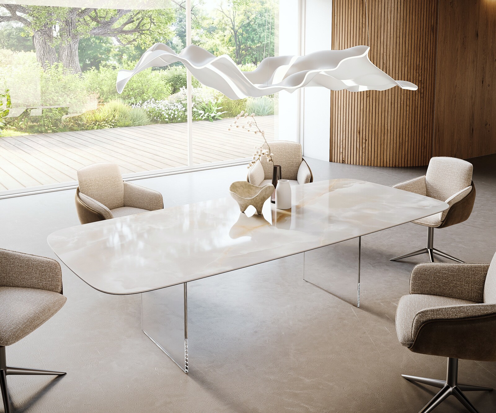 Table à manger Edge Boot 270x120 cm Céramique Iris FMG Onice Grigio piètement en verre 1