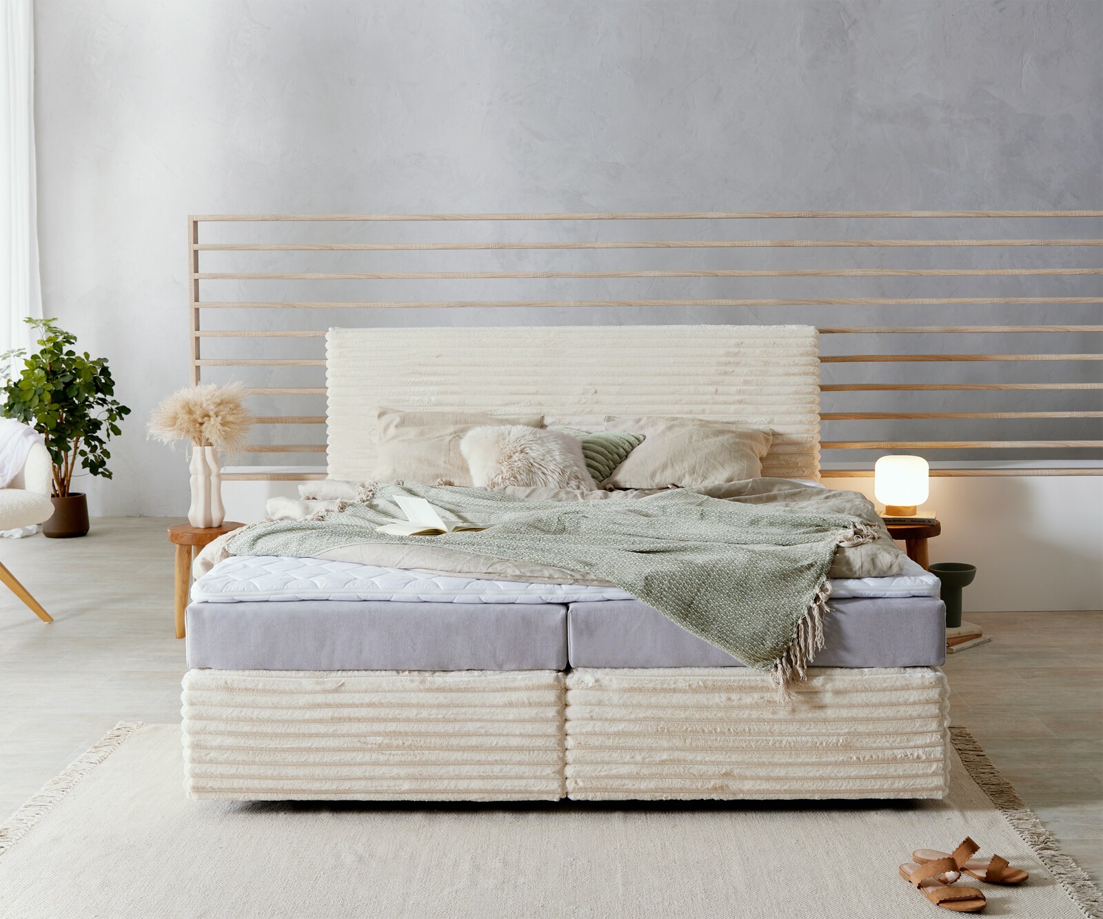 Lit-à-sommier-tapissie Dream-Well Velours côtelé en peluche Beige 180x200 cm Matelas TFK Visco-surmatelas 1