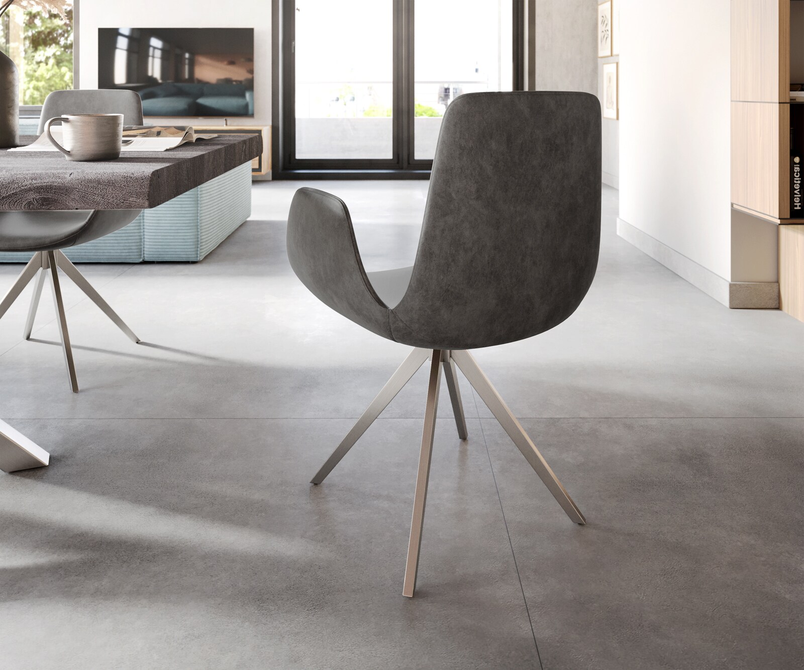 Chaise-de-salle-à-manger Ilia-Flex avec accoudoirs microvelours anthracite vintage pied croisé angulaire acier inoxydable brossé 4