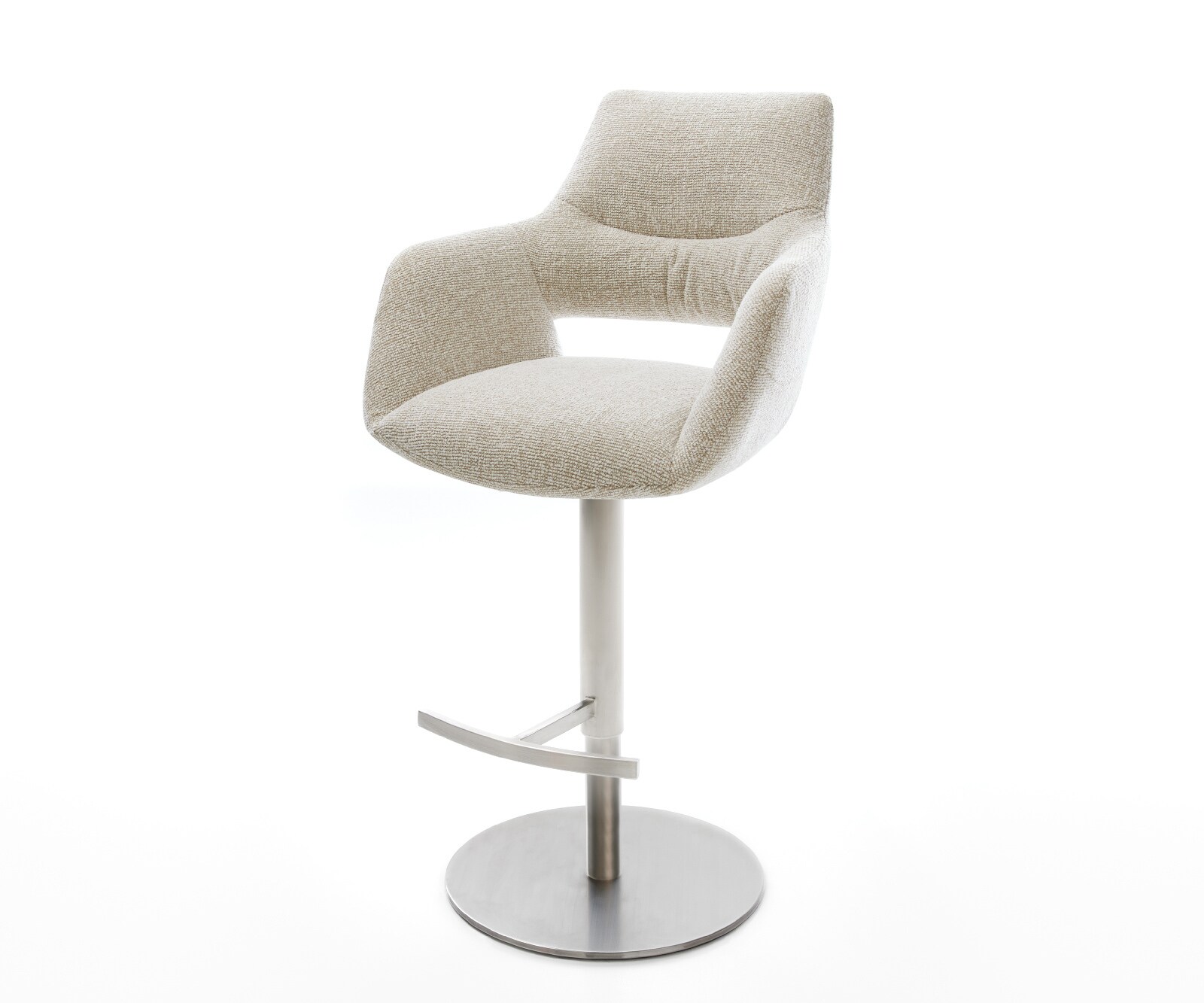 Chaise-de-bar Yago-Flex Tissu tissé doux Beige Pied pivotant réglable en hauteur en acier inoxydable Argent Ressort ensaché